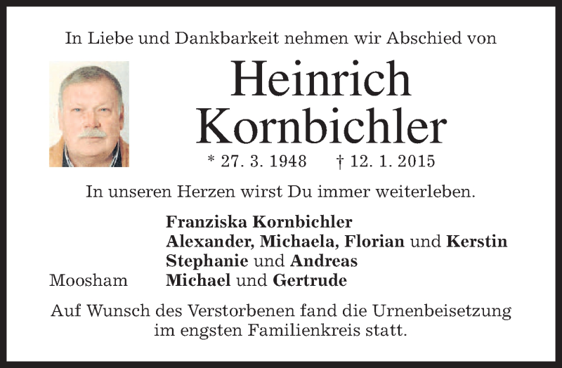  Traueranzeige für Heinrich Kornbichler vom 14.01.2015 aus merkurtz
