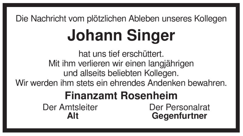  Traueranzeige für Johann Singer vom 16.01.2010 aus MERKUR & TZ
