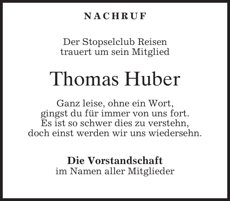  Traueranzeige für Thomas Huber vom 21.01.2010 aus MERKUR & TZ