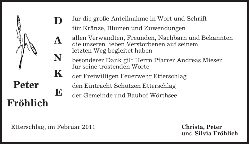  Traueranzeige für Peter Fröhlich vom 23.02.2011 aus MERKUR & TZ