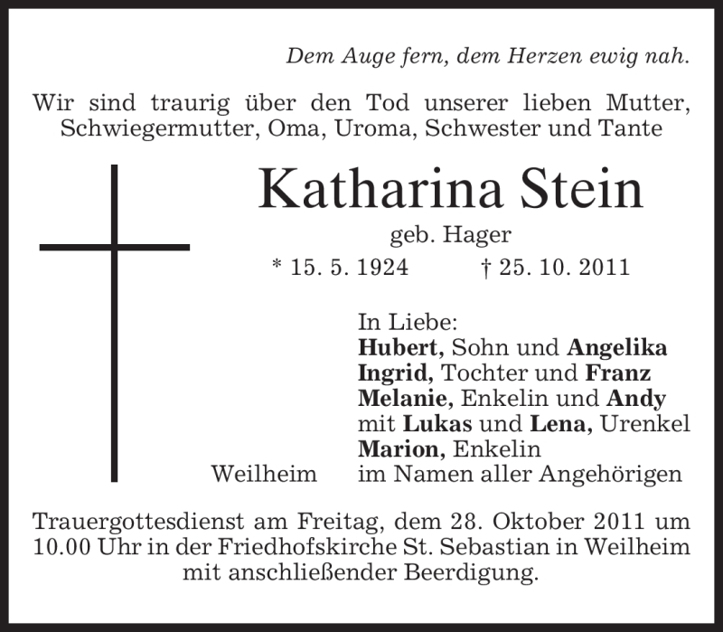  Traueranzeige für Katharina Stein vom 27.10.2011 aus MERKUR & TZ