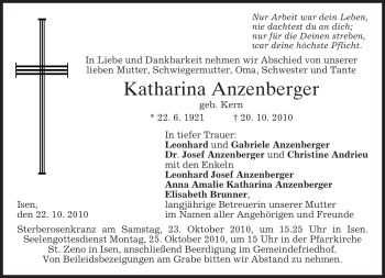 Traueranzeige von Katharina Anzenberger von MERKUR & TZ
