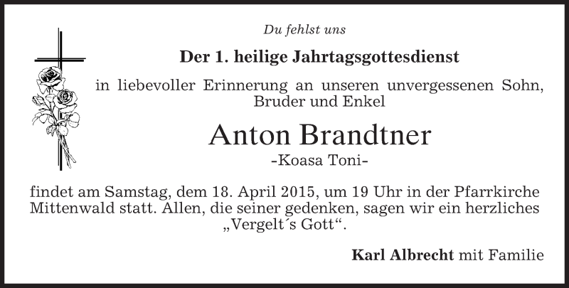  Traueranzeige für Anton Brandtner vom 11.04.2015 aus merkurtz