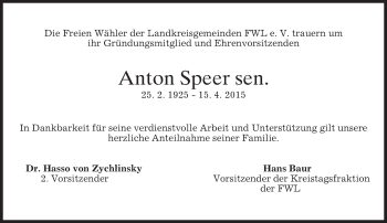Traueranzeige von Anton Speer von merkurtz