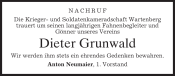 Traueranzeige von Dieter Grunwald von MERKUR & TZ