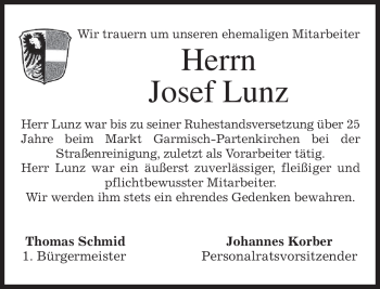 Traueranzeige von Josef Lunz von MERKUR & TZ
