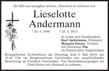 Traueranzeige von Lieselotte Andermann von MERKUR & TZ
