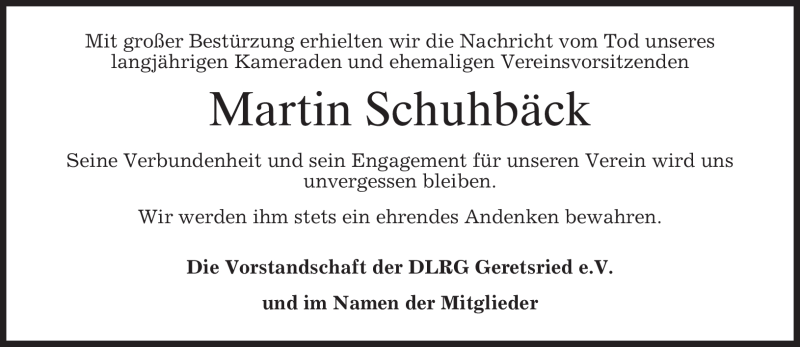  Traueranzeige für Martin Schuhbäck vom 06.05.2009 aus MERKUR & TZ