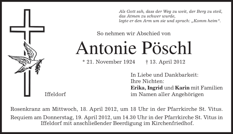  Traueranzeige für Antonie Pöschl vom 17.04.2012 aus MERKUR & TZ