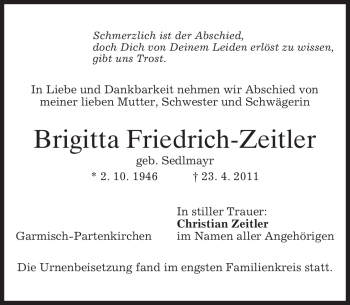 Traueranzeige von Brigitta Friedrich-Zeitler von MERKUR & TZ