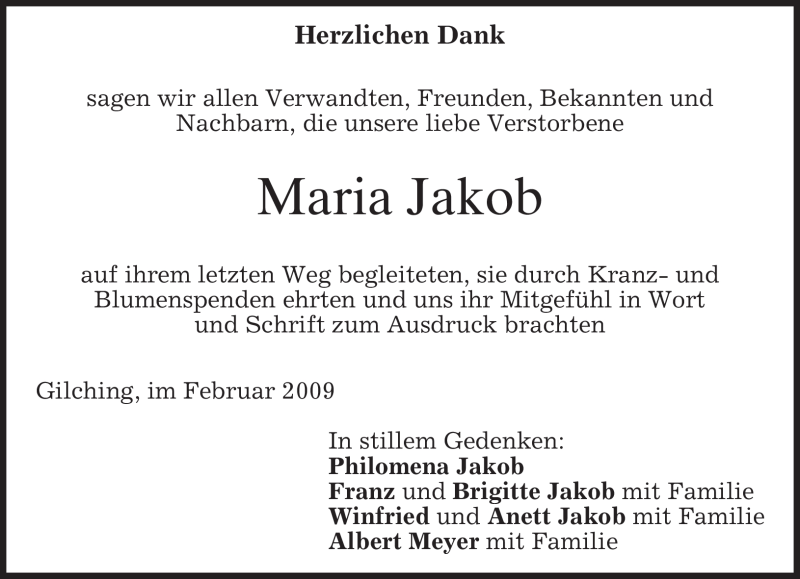  Traueranzeige für Maria Jakob vom 21.02.2009 aus MERKUR & TZ
