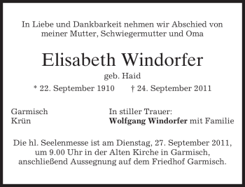 Traueranzeige von Elisabeth Windorfer von MERKUR & TZ