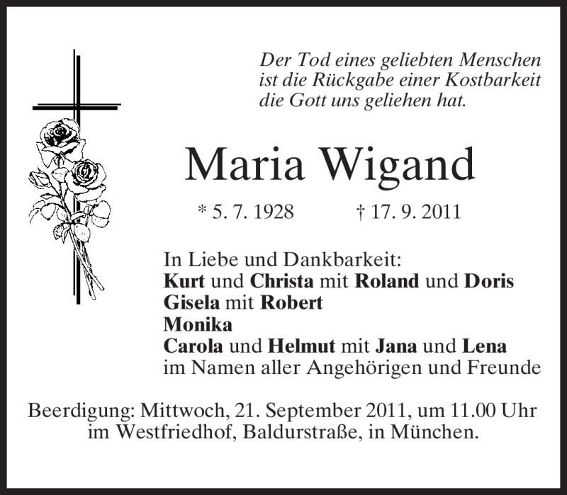  Traueranzeige für Maria Wigand vom 20.09.2011 aus MERKUR & TZ