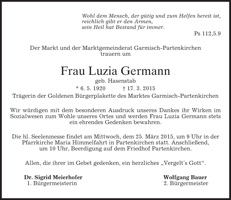  Traueranzeige für Luzia Germann vom 21.03.2015 aus merkurtz