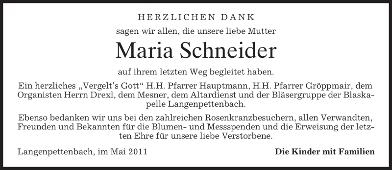  Traueranzeige für Maria Schneider vom 14.05.2011 aus MERKUR & TZ
