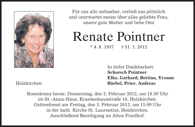  Traueranzeige für Renate Pointner vom 02.02.2012 aus MERKUR & TZ