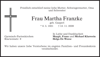 Traueranzeige von Martha Franzke von MERKUR & TZ