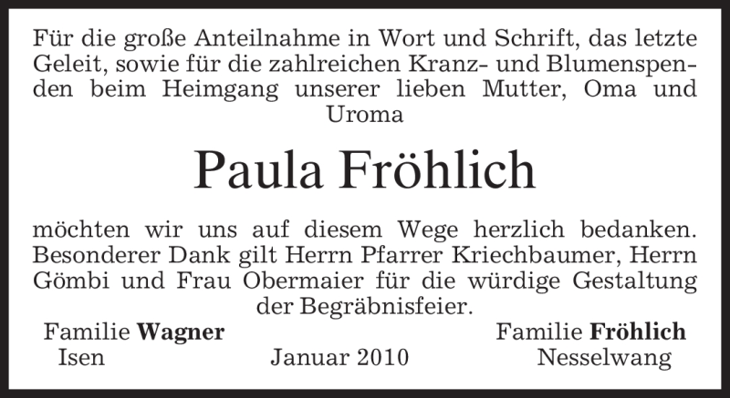  Traueranzeige für Paula Fröhlich vom 23.01.2010 aus MERKUR & TZ
