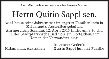 Traueranzeige von Quirin Sappl von merkurtz