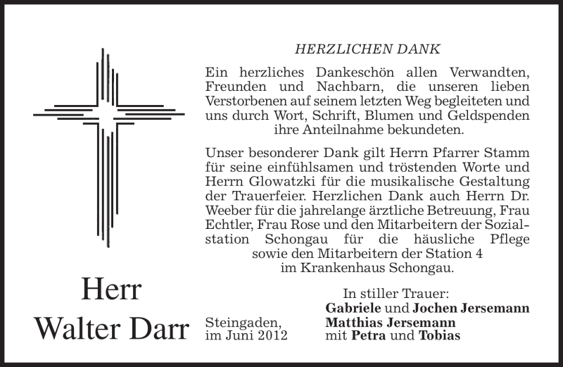  Traueranzeige für Walter Darr vom 30.06.2012 aus MERKUR & TZ