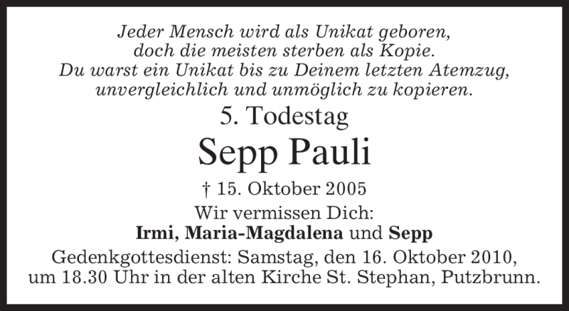 Traueranzeige für Sepp Pauli vom 15.10.2010 aus MERKUR & TZ