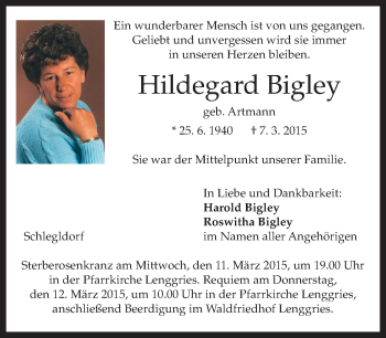 Traueranzeige von Hildegard Bigley von merkurtz