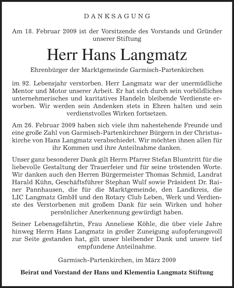  Traueranzeige für Hans Langmatz vom 07.03.2009 aus MERKUR & TZ
