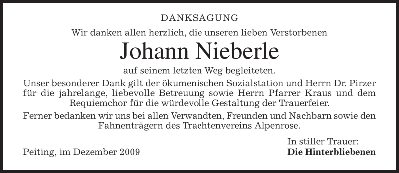  Traueranzeige für Johann Nieberle vom 17.12.2009 aus MERKUR & TZ