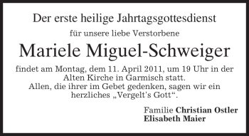 Traueranzeige von Mariele Miguel-Schweiger von MERKUR & TZ