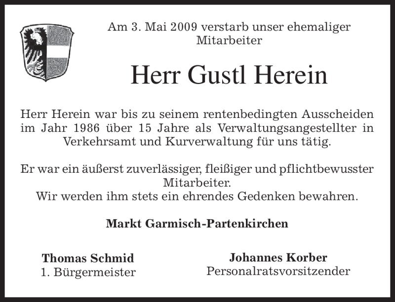  Traueranzeige für Gustl Herein vom 06.05.2009 aus MERKUR & TZ