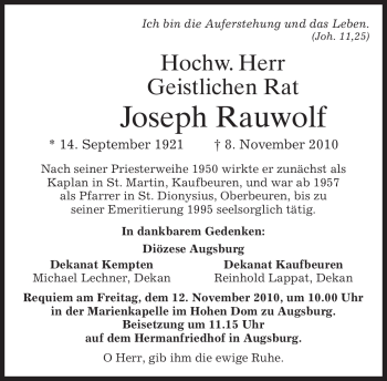 Traueranzeige von Joseph Rauwolf von MERKUR & TZ