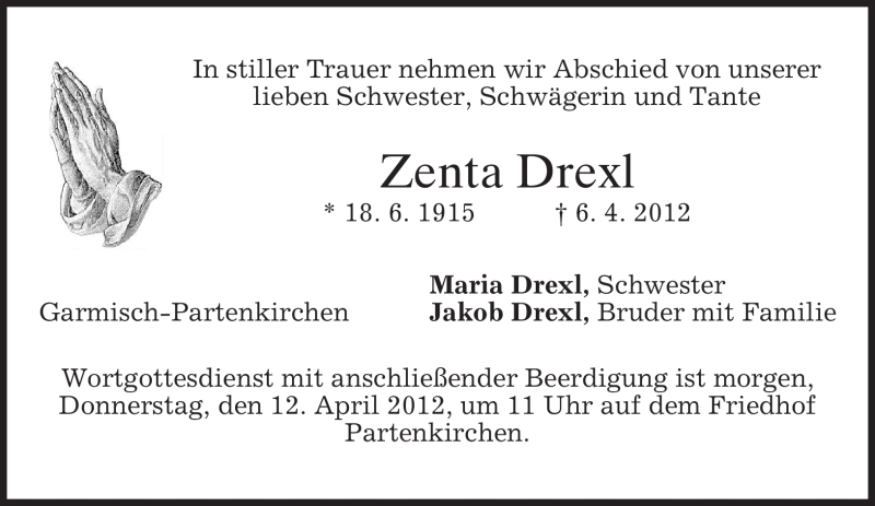  Traueranzeige für Zenta Drexl vom 11.04.2012 aus MERKUR & TZ