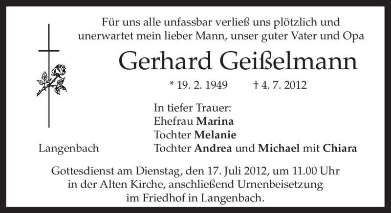  Traueranzeige für Gerhard Geißelmann vom 14.07.2012 aus MERKUR & TZ