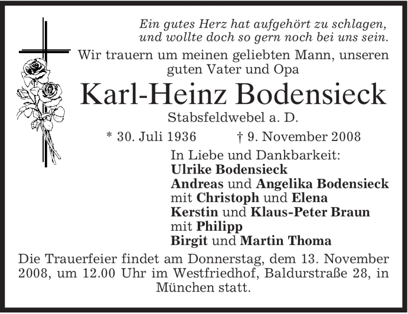  Traueranzeige für Karl-Heinz Bodensieck vom 12.11.2008 aus MERKUR & TZ