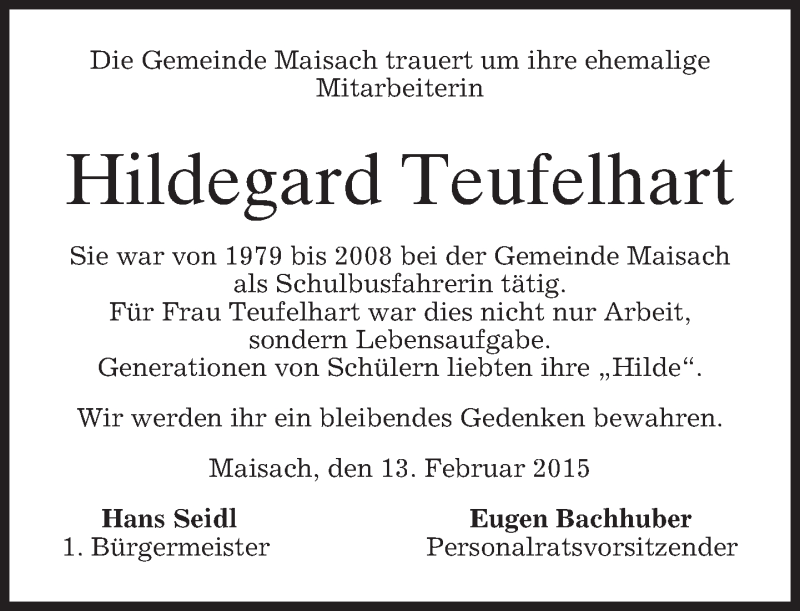  Traueranzeige für Hildegard Teufelhart vom 13.02.2015 aus merkurtz