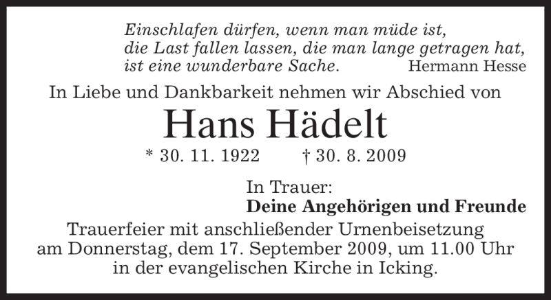  Traueranzeige für Hans Hädelt vom 12.09.2009 aus MERKUR & TZ