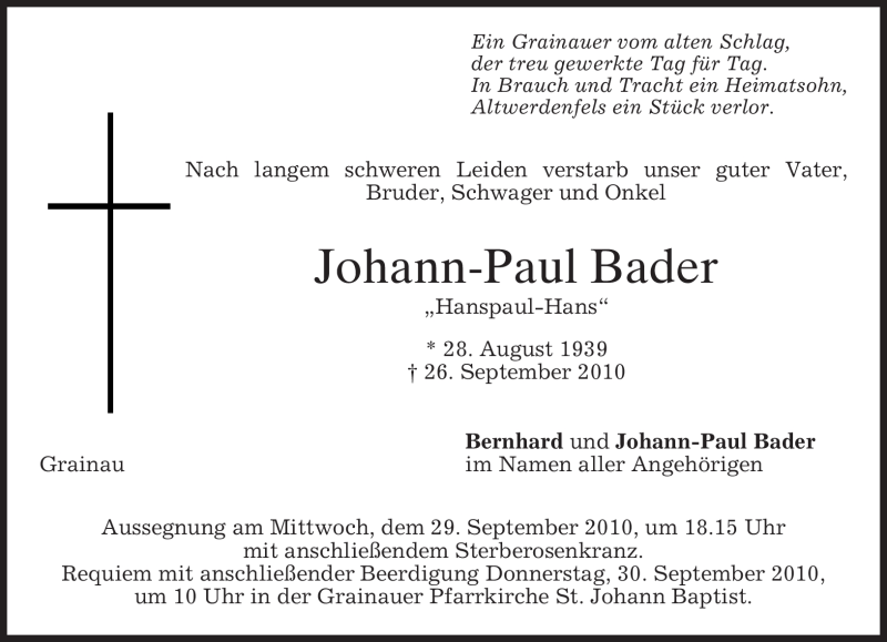  Traueranzeige für Johann-Paul Bader vom 28.09.2010 aus MERKUR & TZ