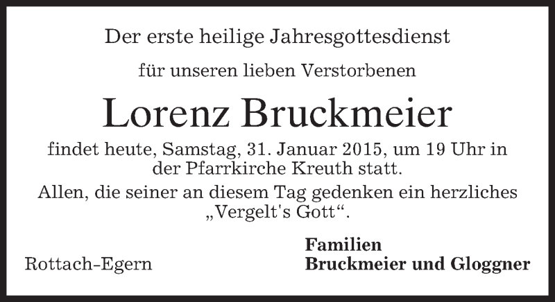  Traueranzeige für Lorenz Bruckmeier vom 31.01.2015 aus merkurtz