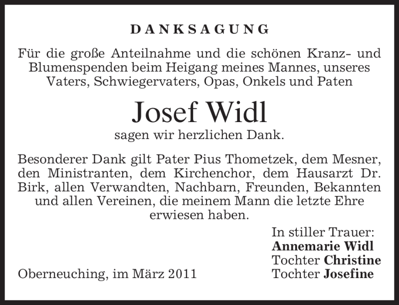  Traueranzeige für Josef Widl vom 05.03.2011 aus MERKUR & TZ