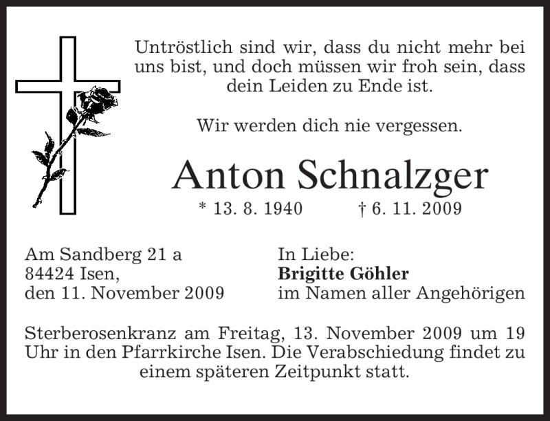  Traueranzeige für Anton Schnalzger vom 11.11.2009 aus MERKUR & TZ