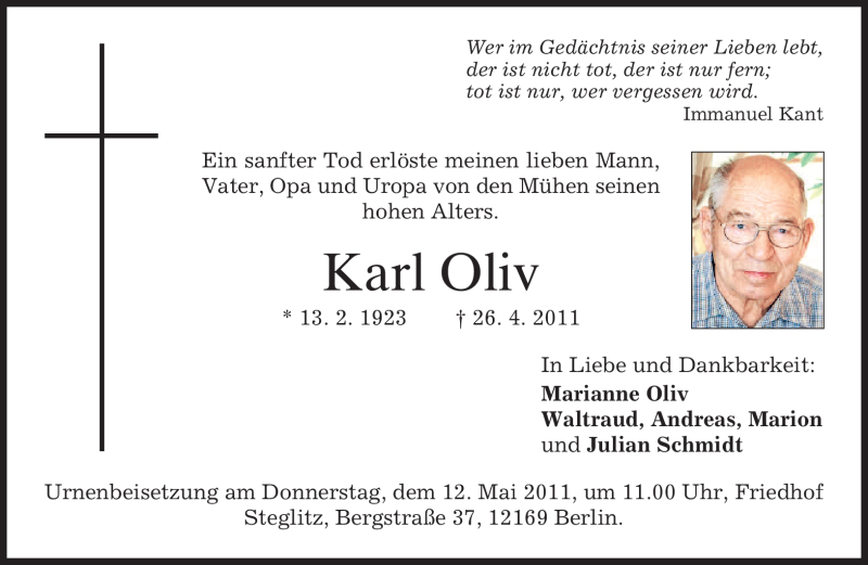  Traueranzeige für Karl Oliv vom 03.05.2011 aus MERKUR & TZ