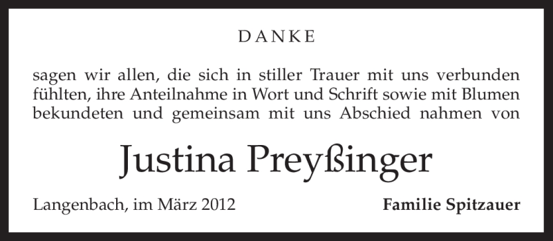 Traueranzeige für Justina Preyßinger vom 10.03.2012 aus MERKUR & TZ