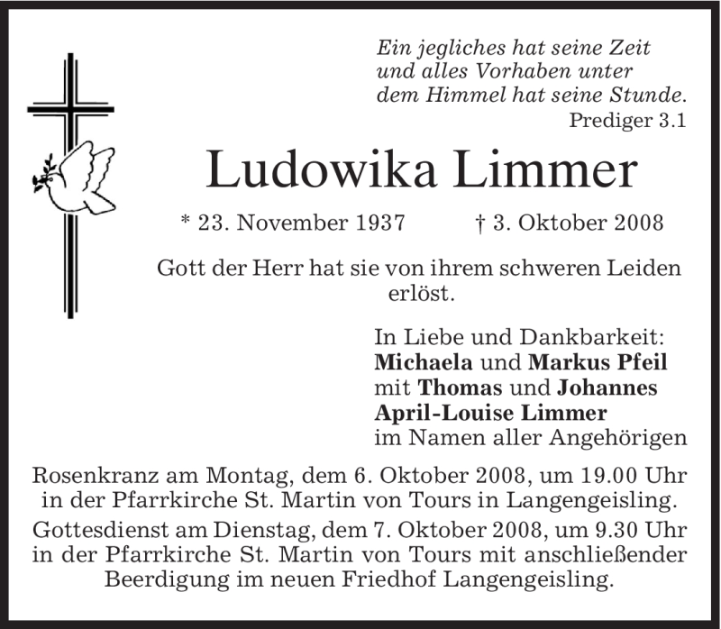  Traueranzeige für Ludowika Limmer vom 04.10.2008 aus MERKUR & TZ