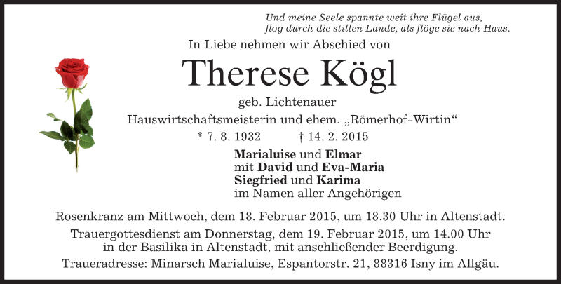  Traueranzeige für Therese Kögl vom 17.02.2015 aus merkurtz