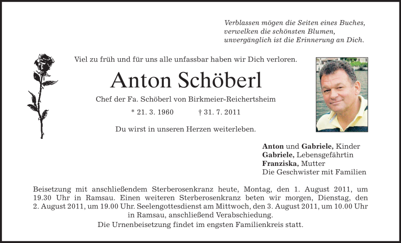  Traueranzeige für Anton Schöberl vom 01.08.2011 aus MERKUR & TZ