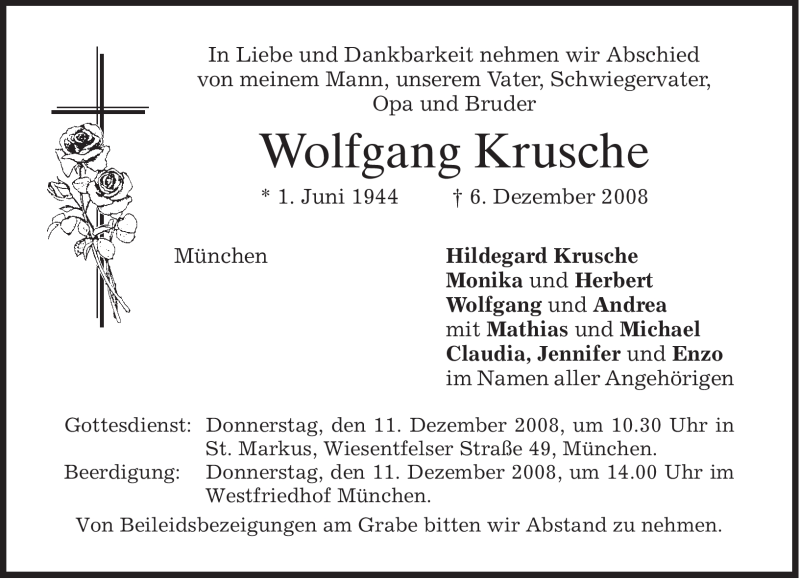  Traueranzeige für Wolfgang Krusche vom 09.12.2008 aus MERKUR & TZ
