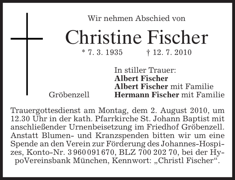  Traueranzeige für Christine Fischer vom 31.07.2010 aus MERKUR & TZ