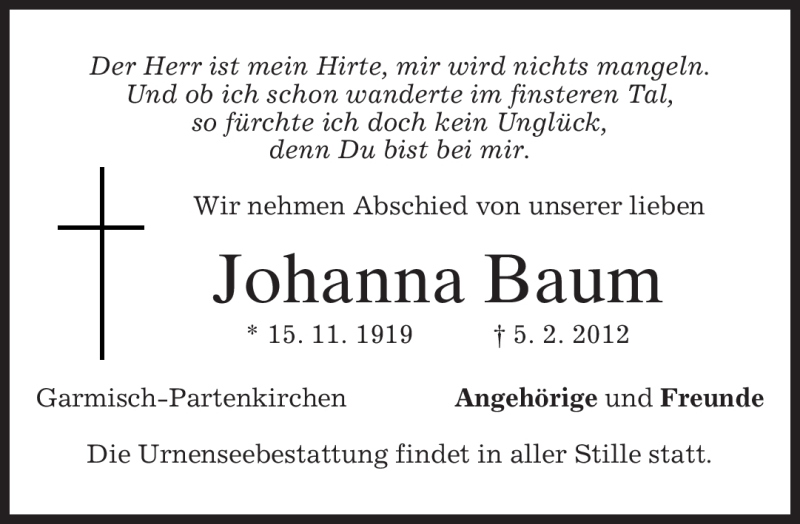  Traueranzeige für Johanna Baum vom 09.02.2012 aus MERKUR & TZ