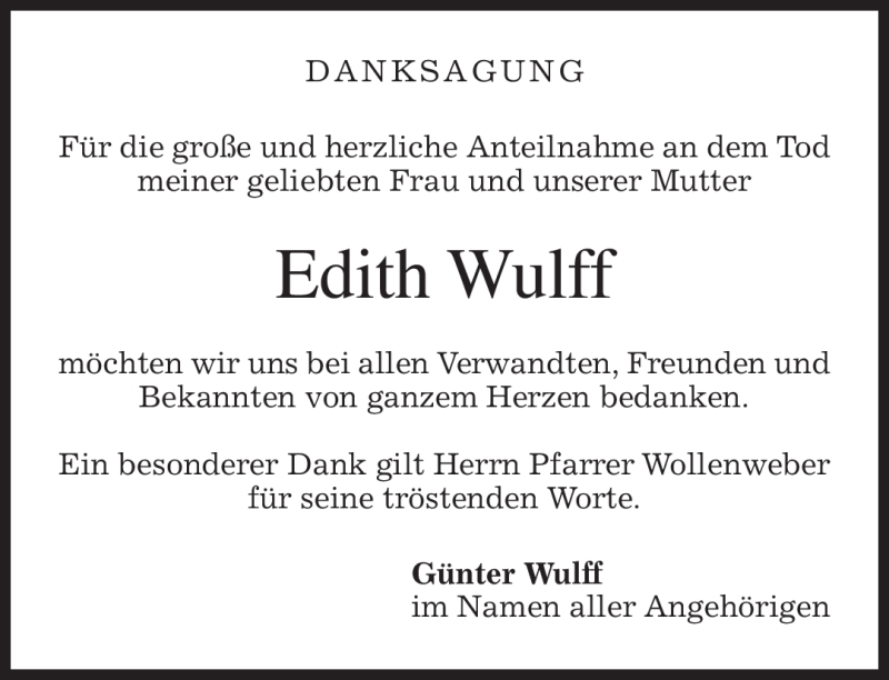  Traueranzeige für Edith Wulff vom 30.05.2010 aus MERKUR & TZ