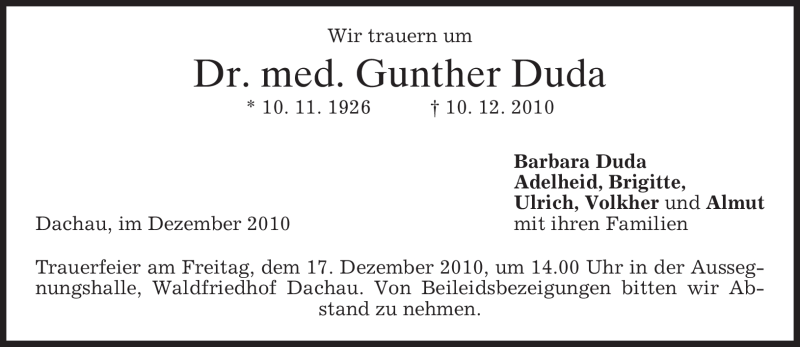  Traueranzeige für Gunther Duda vom 11.12.2010 aus MERKUR & TZ